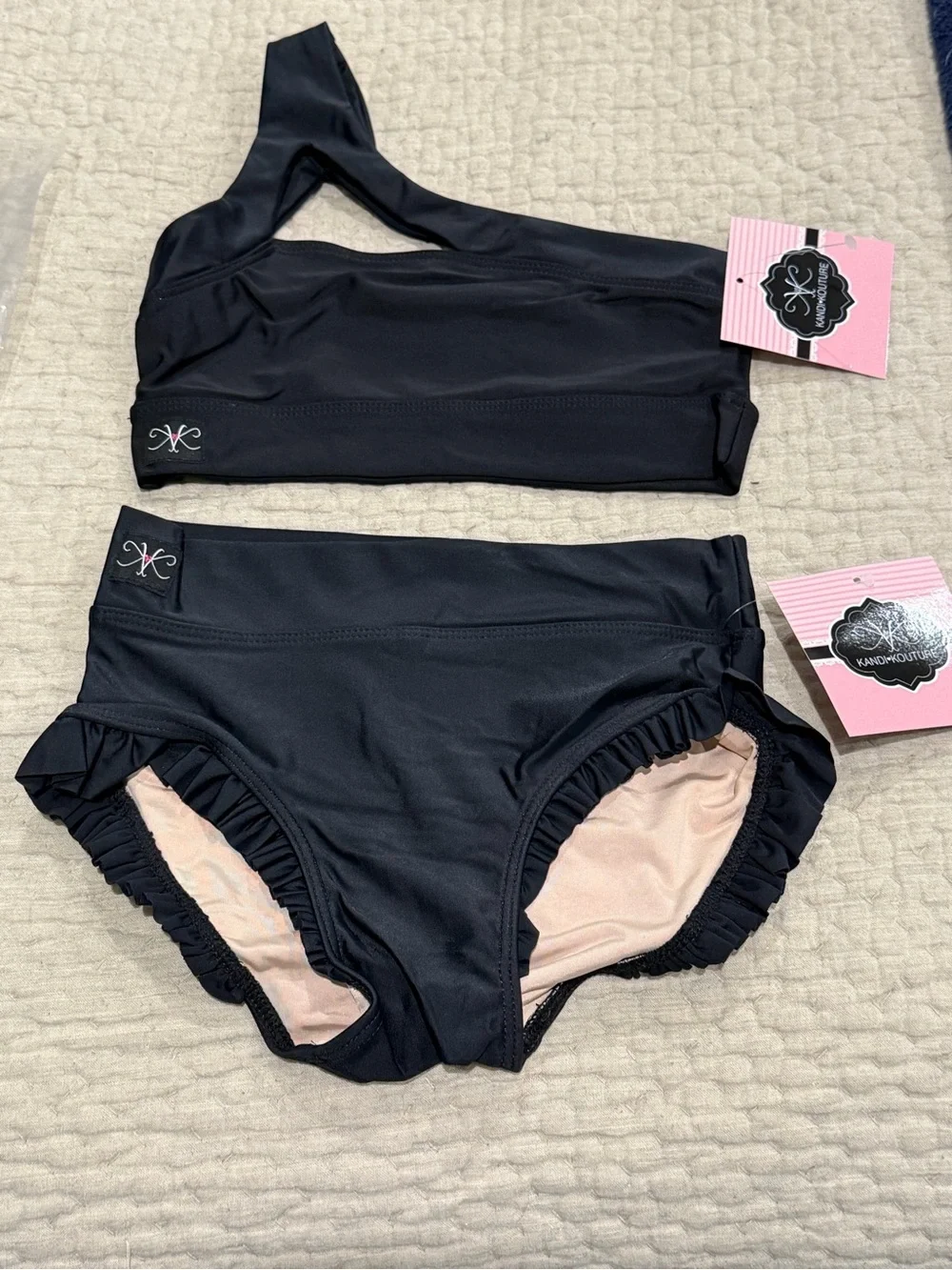 NWT Kandi Kouture CL 7/8 Black 2 Piece Dance Set Crop Top Ruffle Briefs